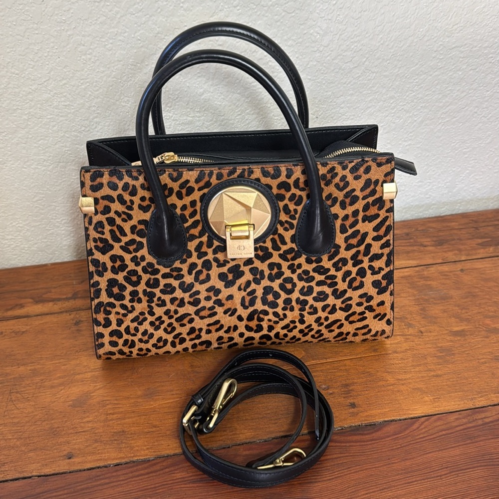 Celine Dion Octave Leopard Print Handbag with Black Accents Leather Satchel.